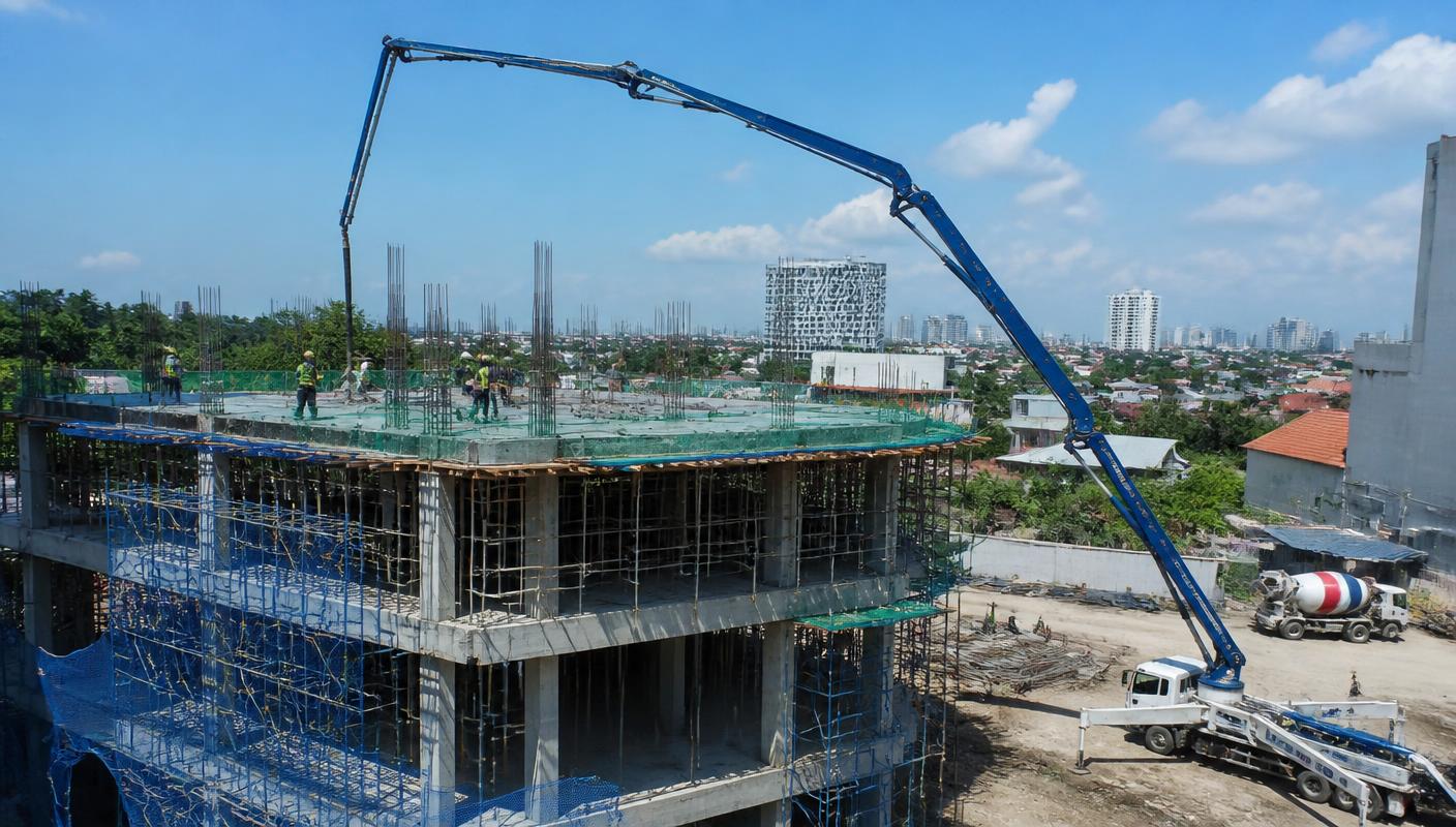Pompa beton long boom sewaan Adhimix Kalsel Mandiri memompa readymix ke lantai atas gedung